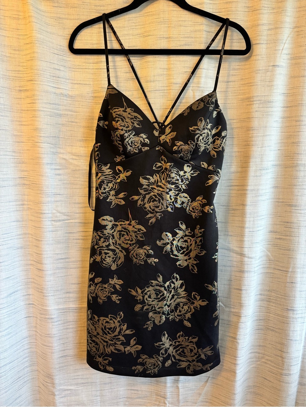 B Darlin Black Mini Dress with Gold Floral Print